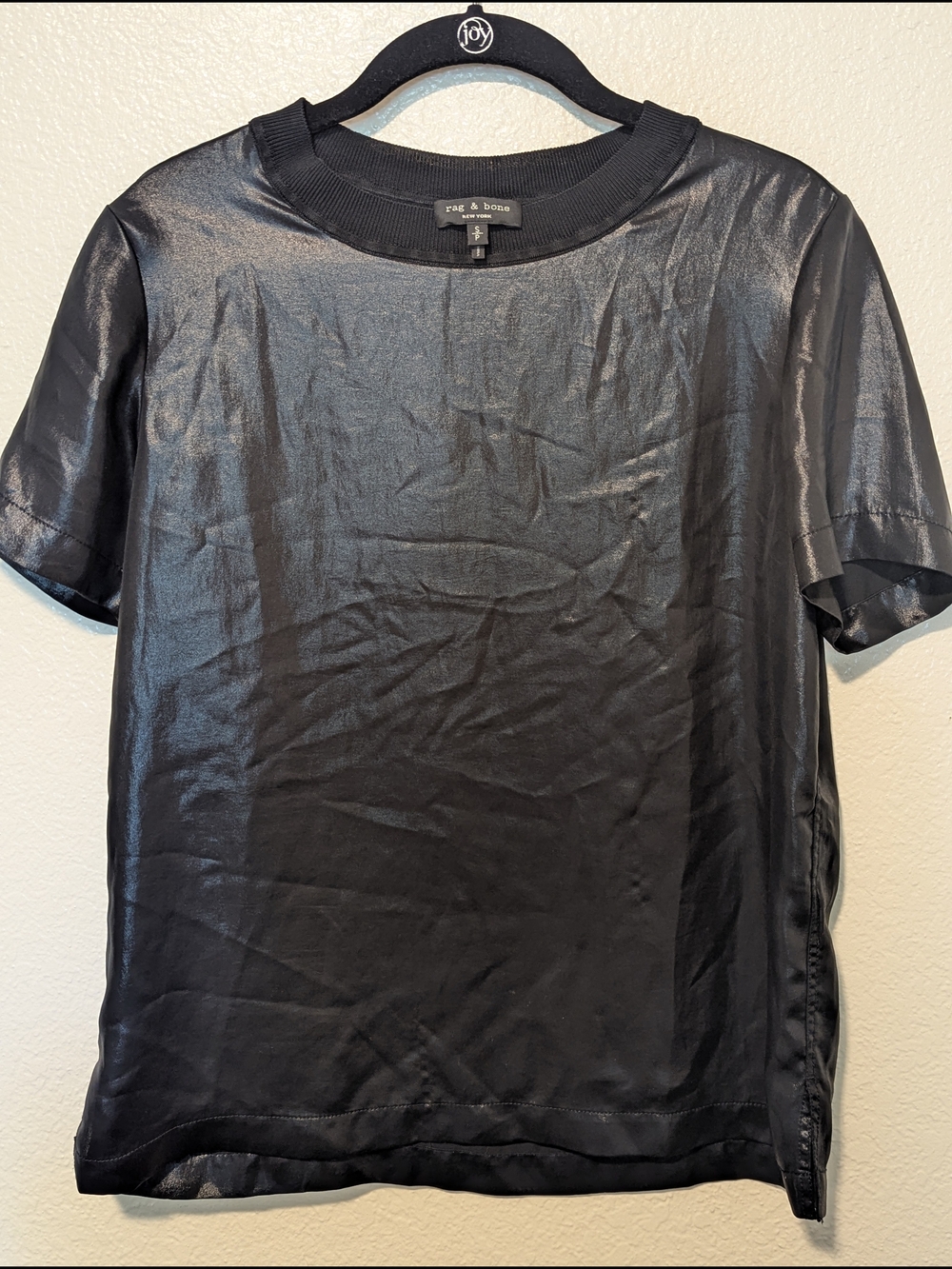 rag & bone Black Satin-Effect Short Sleeve Tee